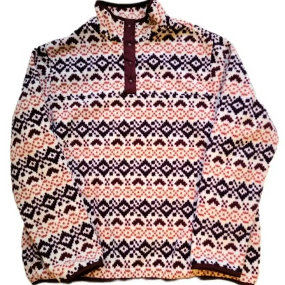 Lands' End Heritage Maroon Red & Purple Gorpcore Fleece Snap Neck Pullover
